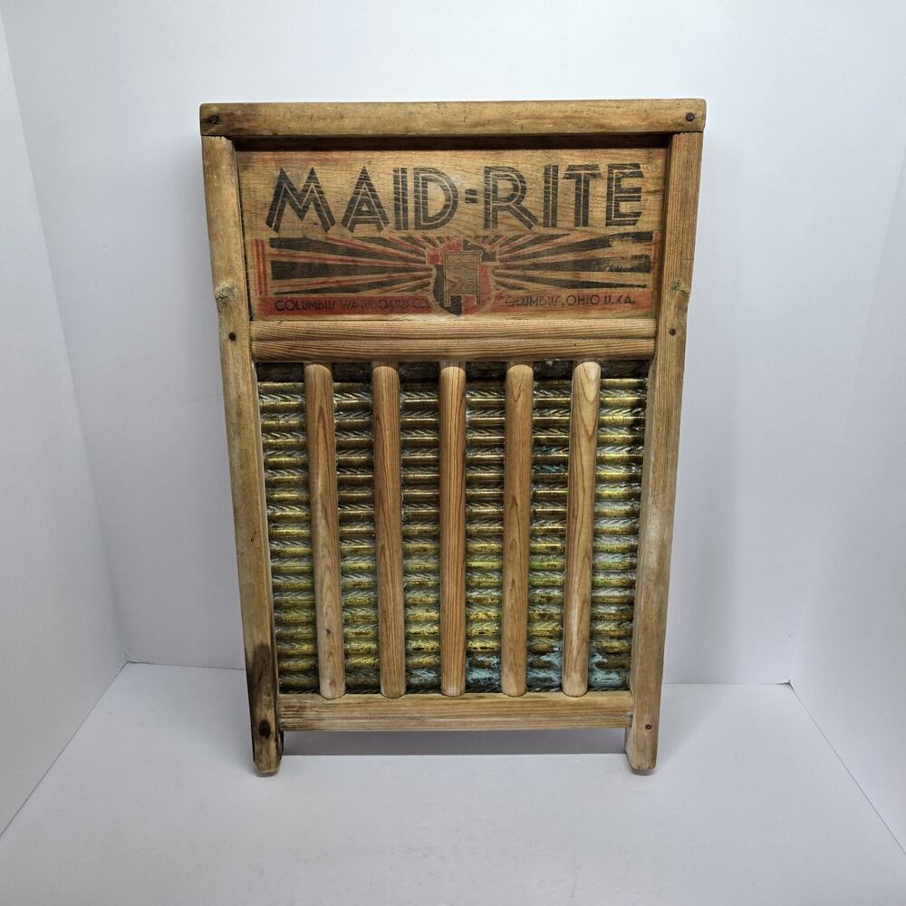 Vintage MAID-RITE Washboard Columbus Ohio USA Wood Metal Primitive Laundry Decor